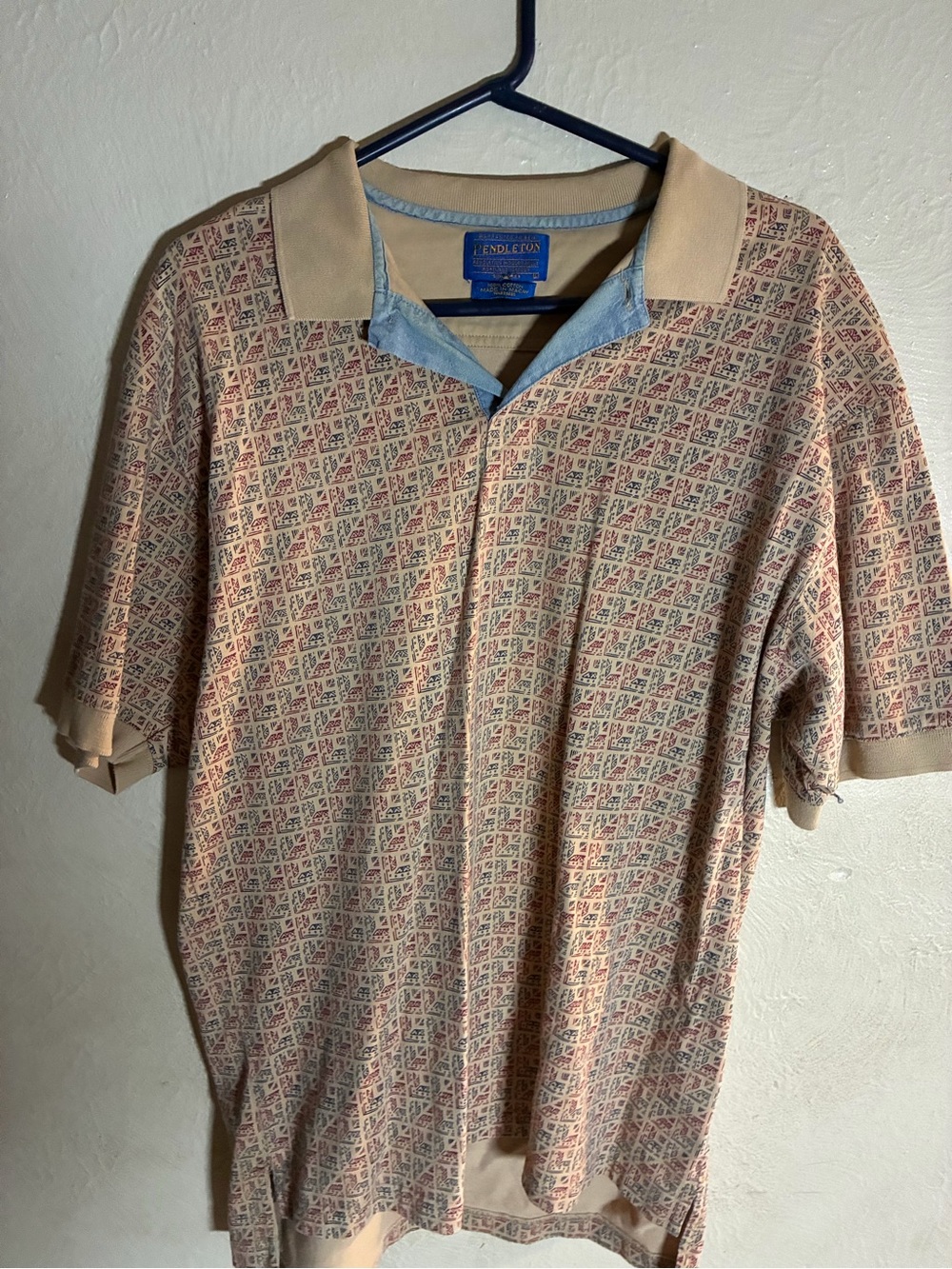 Vtg,80sPendleton Woolen mills Beige Aztec Block Pattern Polo Shirt Men’s Lg